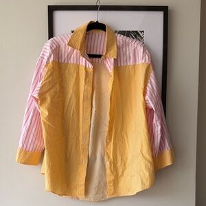 Striped Yellow and Pink Button-Up Shirt